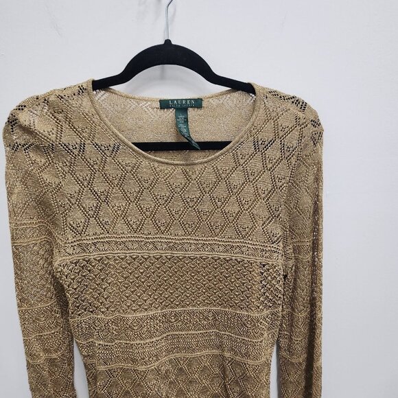 Lauren Ralph Lauren Womens Sweater Large Gold Metallic Open Knit Pullover Preppy - Picture 2 of 8